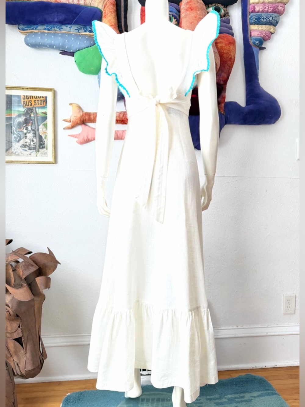 Vintage YOUNG EDWARDIAN DRESS Pinafore Ruffles Embroidered Birds 1970s Boho XS/S - Picture 6 of 11